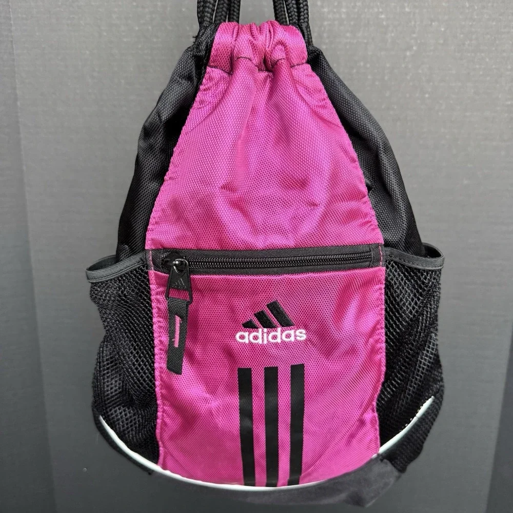 Adidas Drawstring Backpack Hot Pink and Black W/ White Stripes